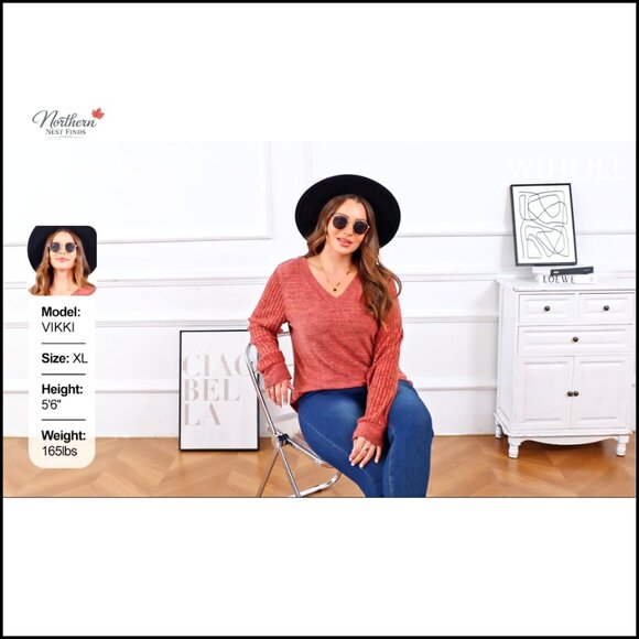 V-Neck Patchwork Tunic Sweater, Long Sleeve, Loose Fit, Polyester Rayon Spandex - Picture 7 of 7